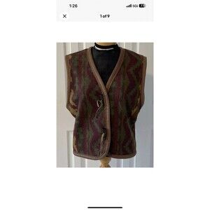 Susan Bristol Womans Small Wool Vest Leather Trim Vintage Aztec Blanket